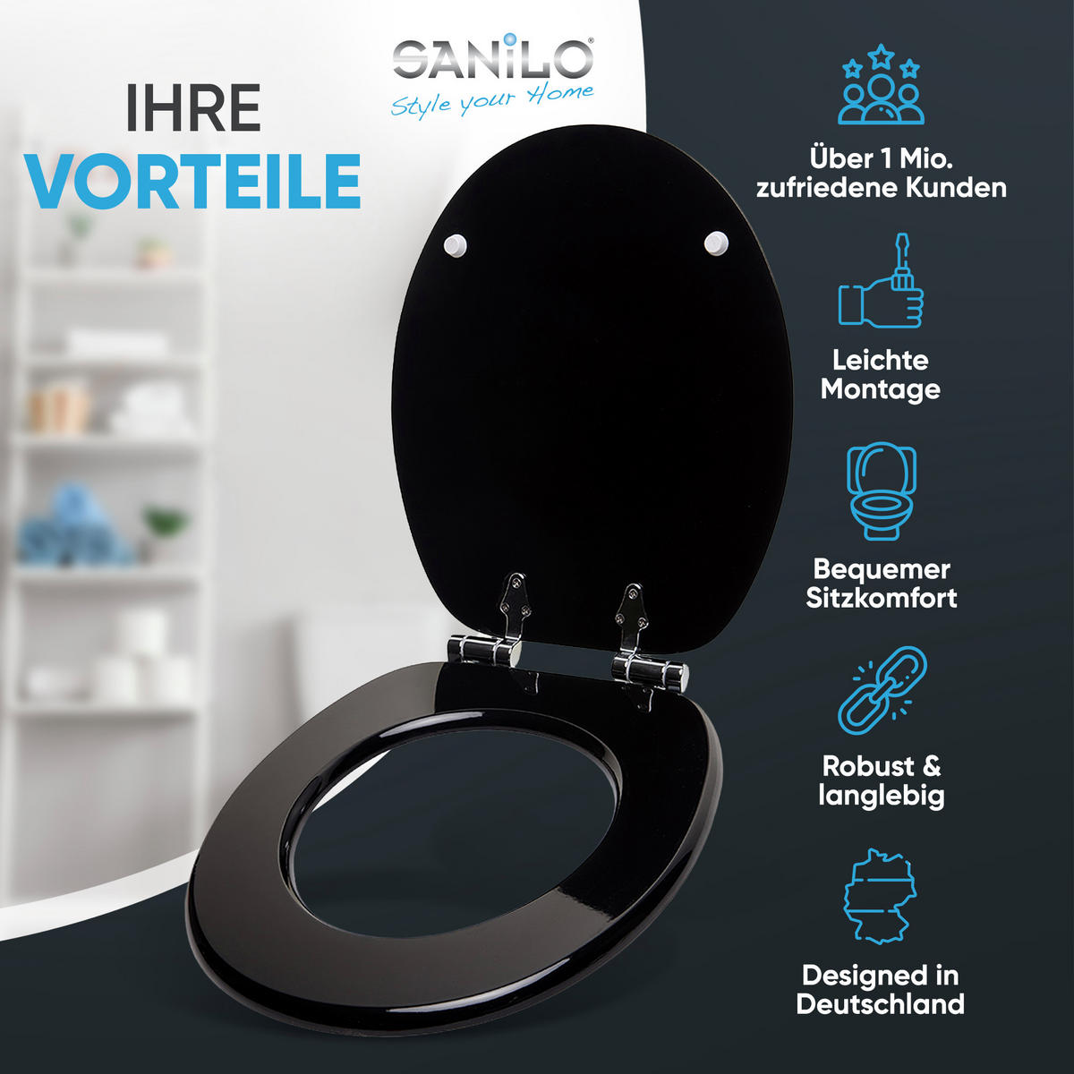 WC-SITZ mit Absenkautomatik Schwarz - Schwarz, Holzwerkstoff (38/6/47cm) - Sanilo