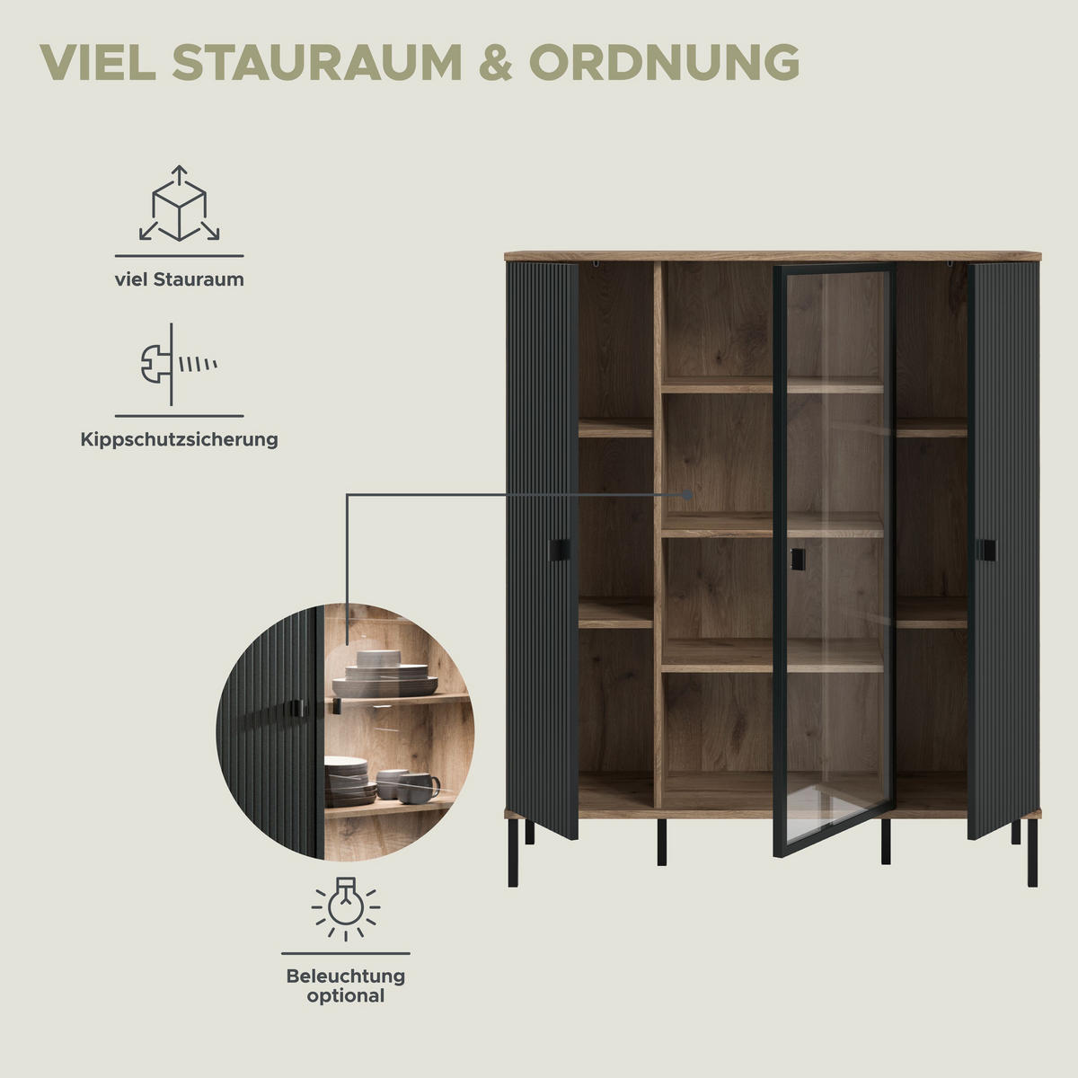 HIGHBOARD CHESS (B/H/T: ca. 115/137/41 cm) in Nox Oak Nachbildung/schwarz - Eichefarben, Holzwerkstoff (115/137/41cm)