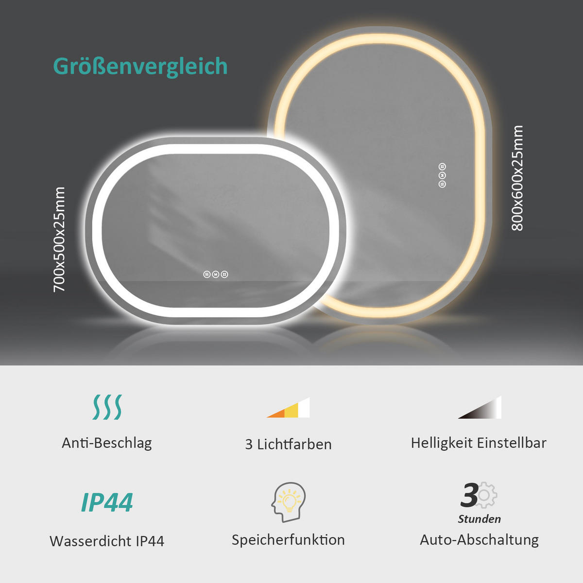BADSPIEGEL ovale mit Beleuchtung mit Anti-Beschlag 80/60 cm - Weiß, Glas (60/2.5/80cm) - EMKE