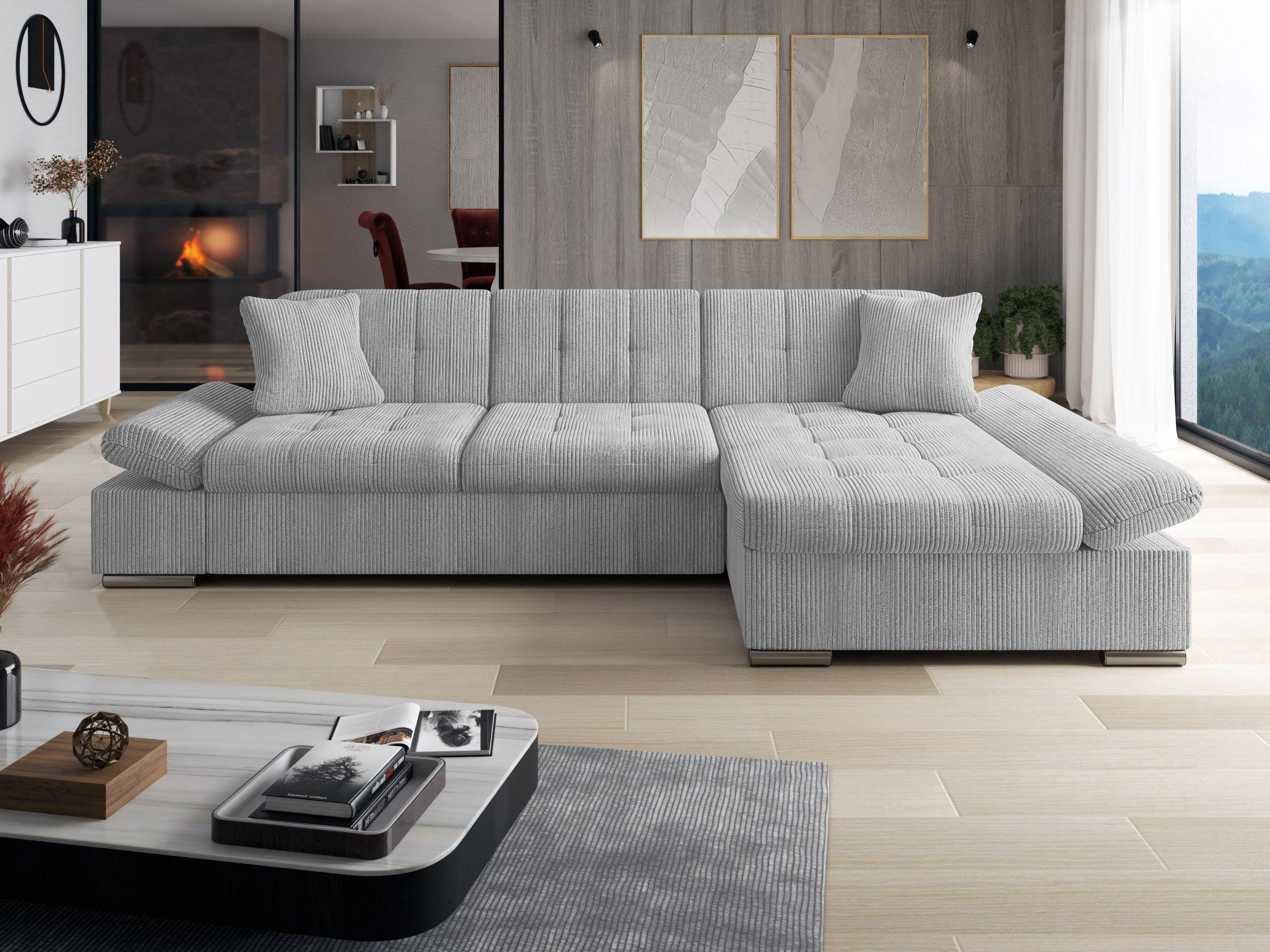 ECKSOFA Malwi Cord, Seite: Rechts - Hellgrau, Holz/Textil (278/161cm) - MIRJAN24