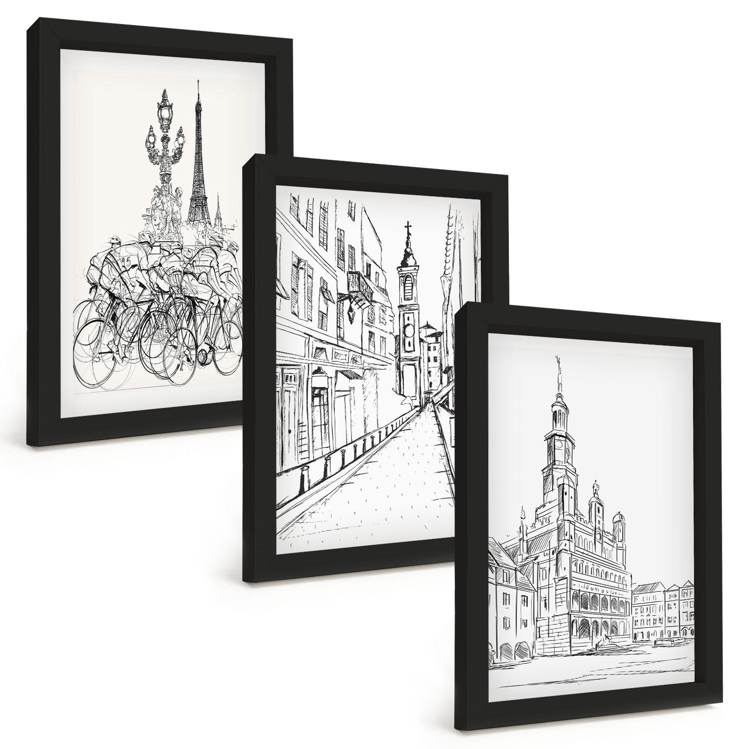 BILDER SET 3er Set - 20x30 cm Schwarzer Rahmen - Einfache Zeichnungen von Stadtlandschaften - Schwarz, Kunststoff (20/30cm) - TULUP