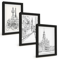 BILDER SET 3er Set - 20x30 cm Schwarzer Rahmen - Einfache Zeichnungen von Stadtlandschaften - Schwarz, Kunststoff (20/30cm) - TULUP