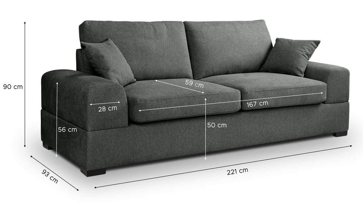 SOFA grau Strukturstoff, Couch 3-Sitzer 221 cm mit Premium Kaltschaum - Schwarz/Grau, Holz/Textil (221/90/93cm) - Inn.Furn