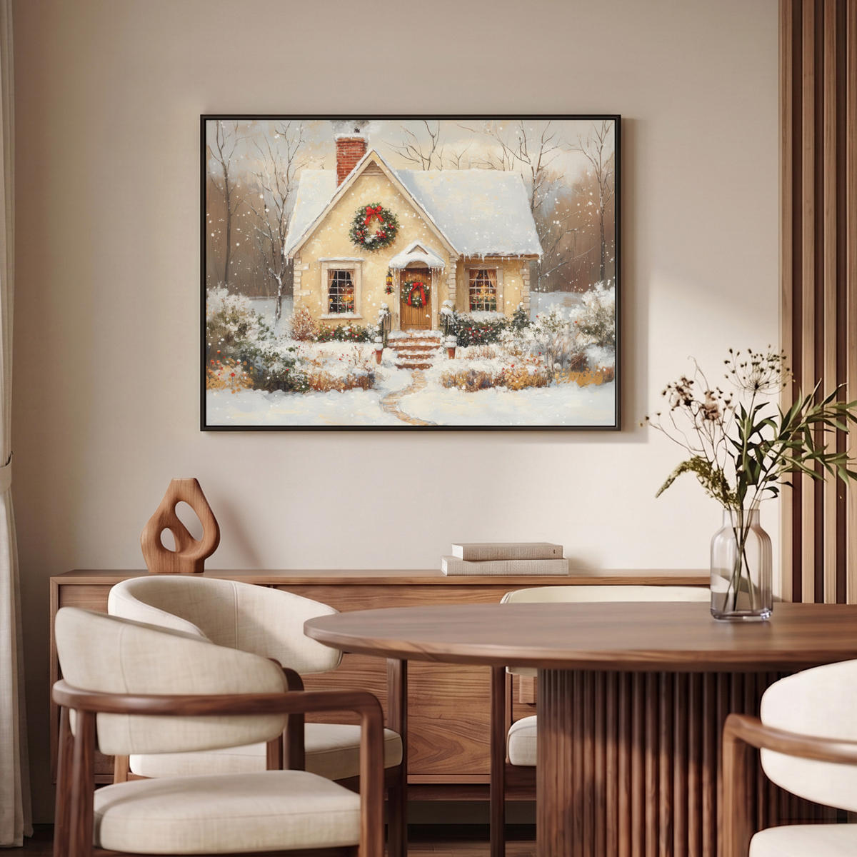 LEINWAND Bilder mit Rahmen - Weihnachten - Zuhause - Winter - Schnee - 100x70 - Creme, Textil (100/70cm) - MuchoWow