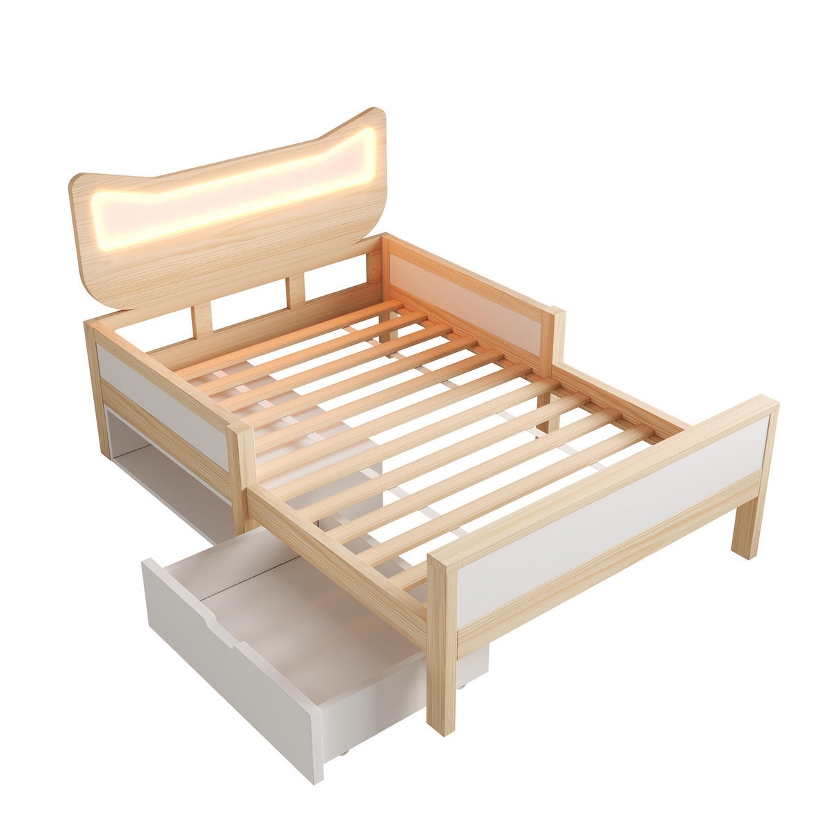 KINDERBETT 90/200 cm DE-00722, in Weiß & Eiche, LED Katzenohren und Schublade - Eichefarben, Holz (90/200cm) - ComfortXL