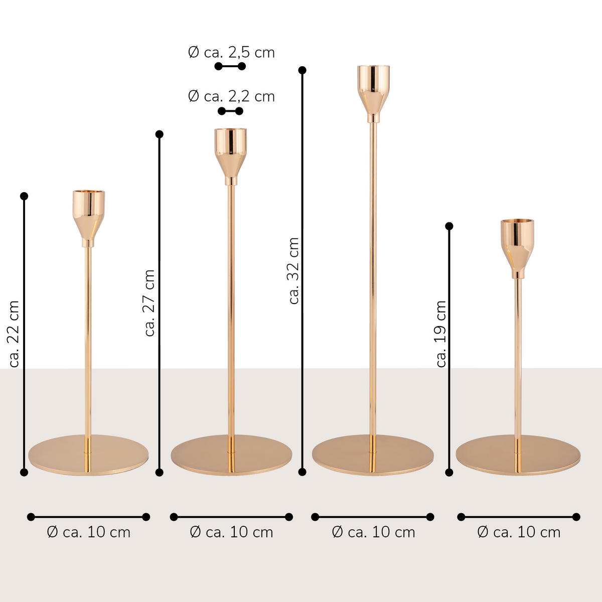 KERZENHALTER 4er-Set, Gold, Aluminium, Stahl - Roségold, Metall (10/32/10cm) - bremermann