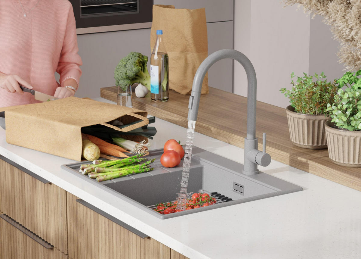 SPÜLBECKEN Sydney, 2-er set Grau 62/50 cm 1 Becken + Ablauf-Set + Küchenzubehörset ab 45er Unterschrank - Chromfarben/Beige, Kunststoff (62/20/50cm) - Primagran