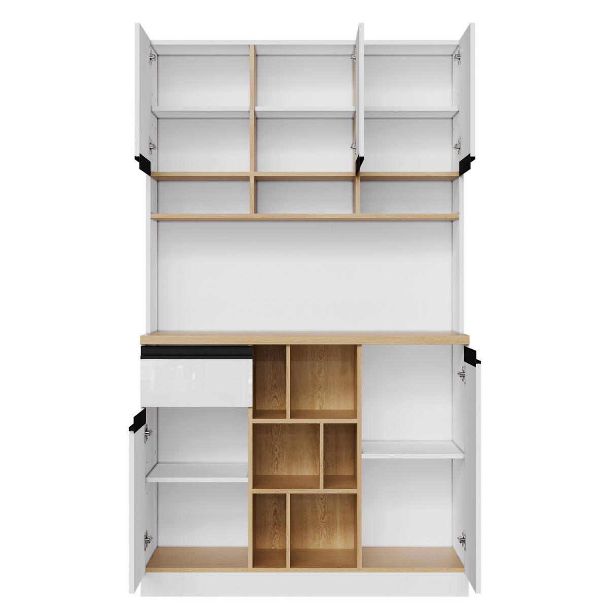 BUFFETSCHRANK aus MDF 105x45x185 cm Weiß mit Hochglanzfronten, Schublade, offenen Fächern und Kippschutz - Weiß, Holzwerkstoff (105/185/45cm) - IVMEU