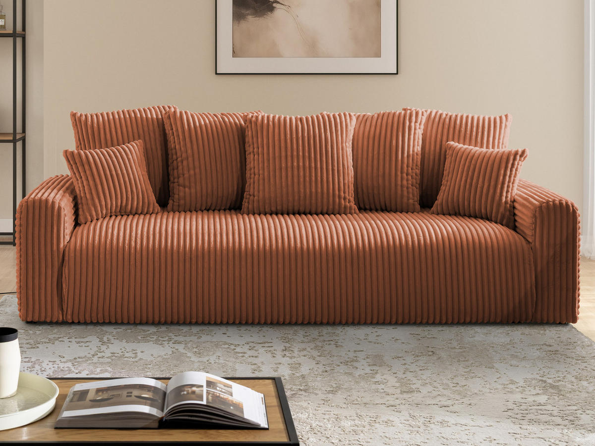 SCHLAFSOFA Calma mit Bettkasten im Bumpy-Design aus weichem Terrakotta Plüschcord - Terracotta/Schwarz, Holz/Kunststoff (239/88/98cm) - S-Style