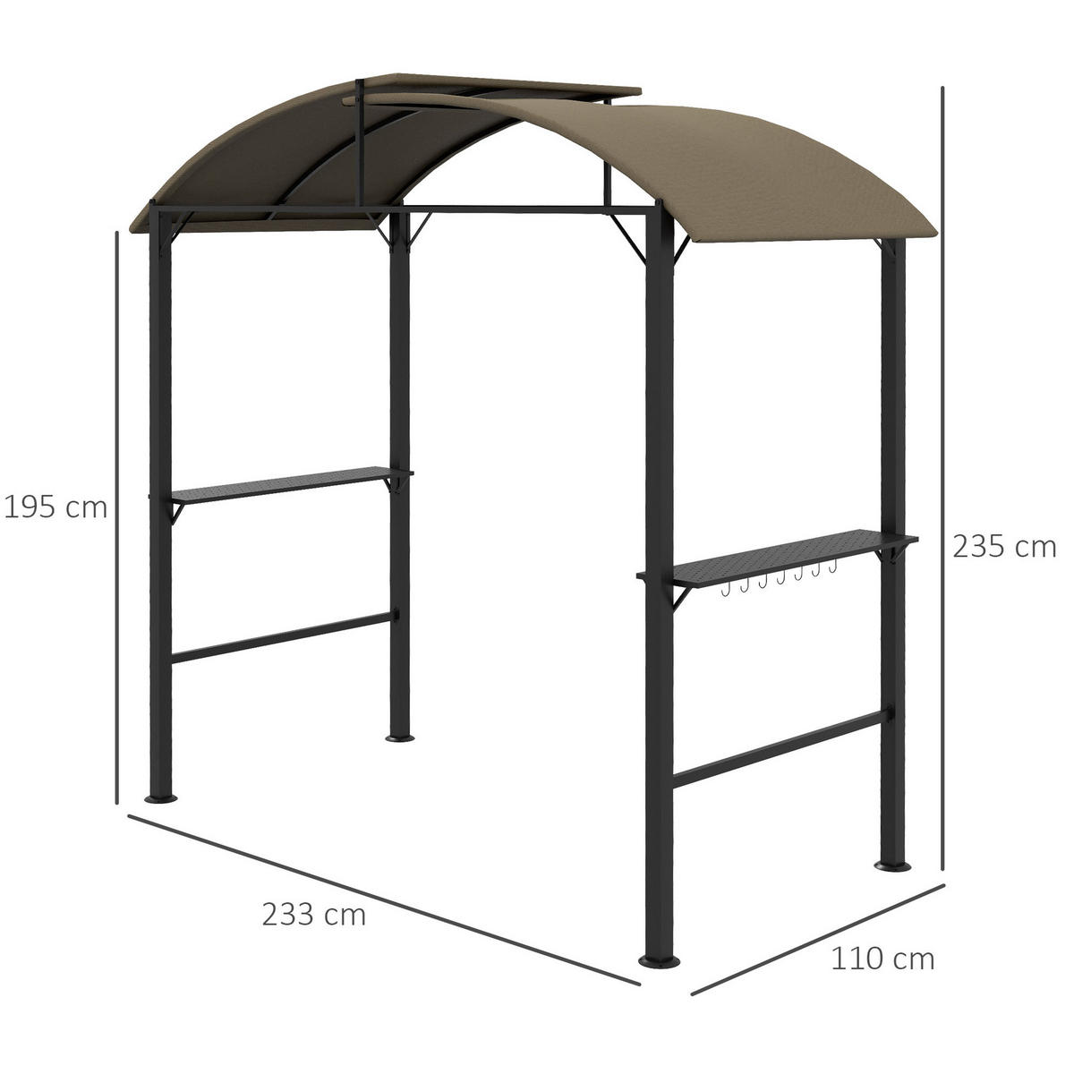 GRILLPAVILLON 233/110/235 cm mit Doppeldach, Seitenablagen und 7 Haken, Khaki - Braun, Metall (110/235/233cm) - Redom