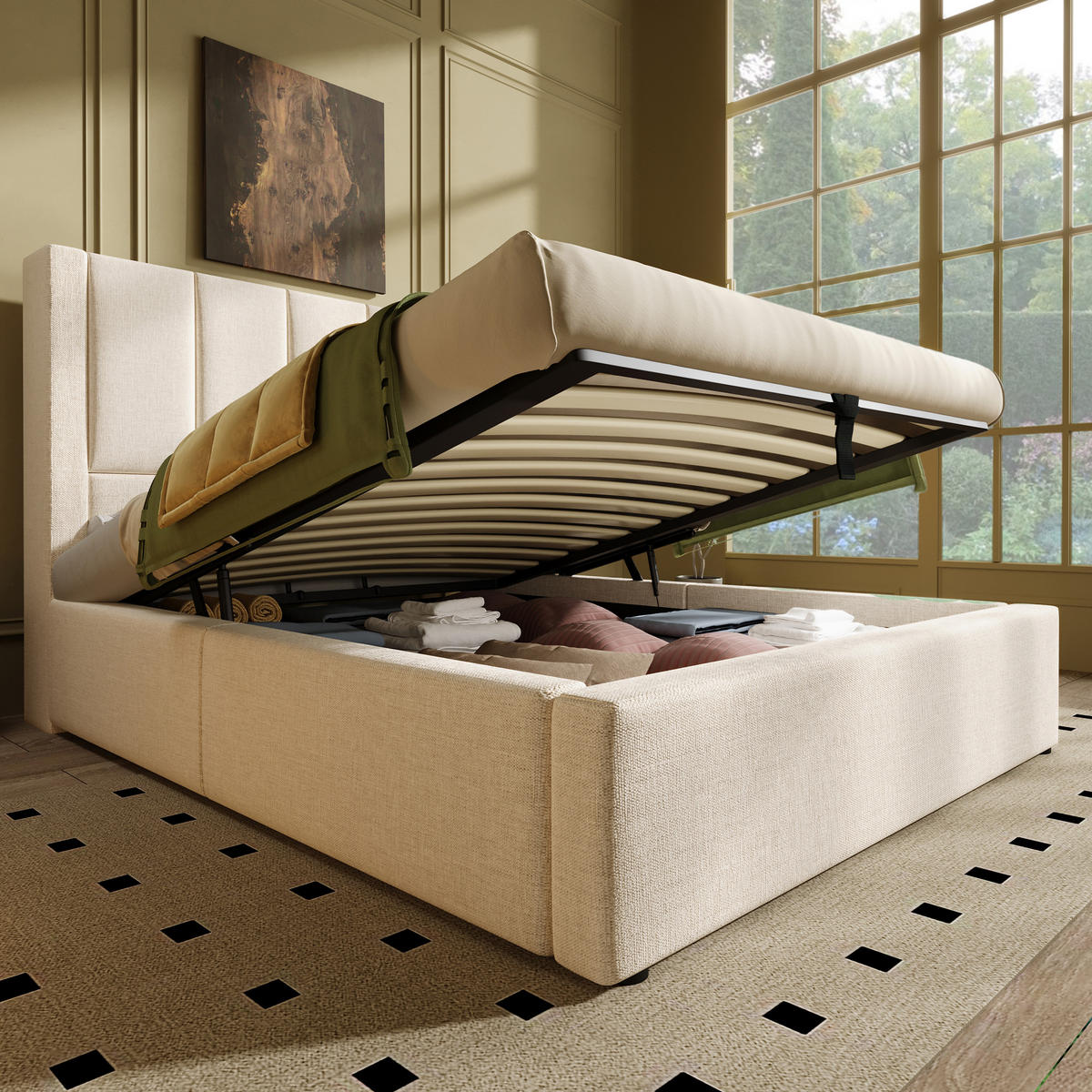 POLSTERBETT aus Leinen 90x200 cm in Beige mit Ladestation & Matratze - Beige, Textil (90/200cm) - Modfu