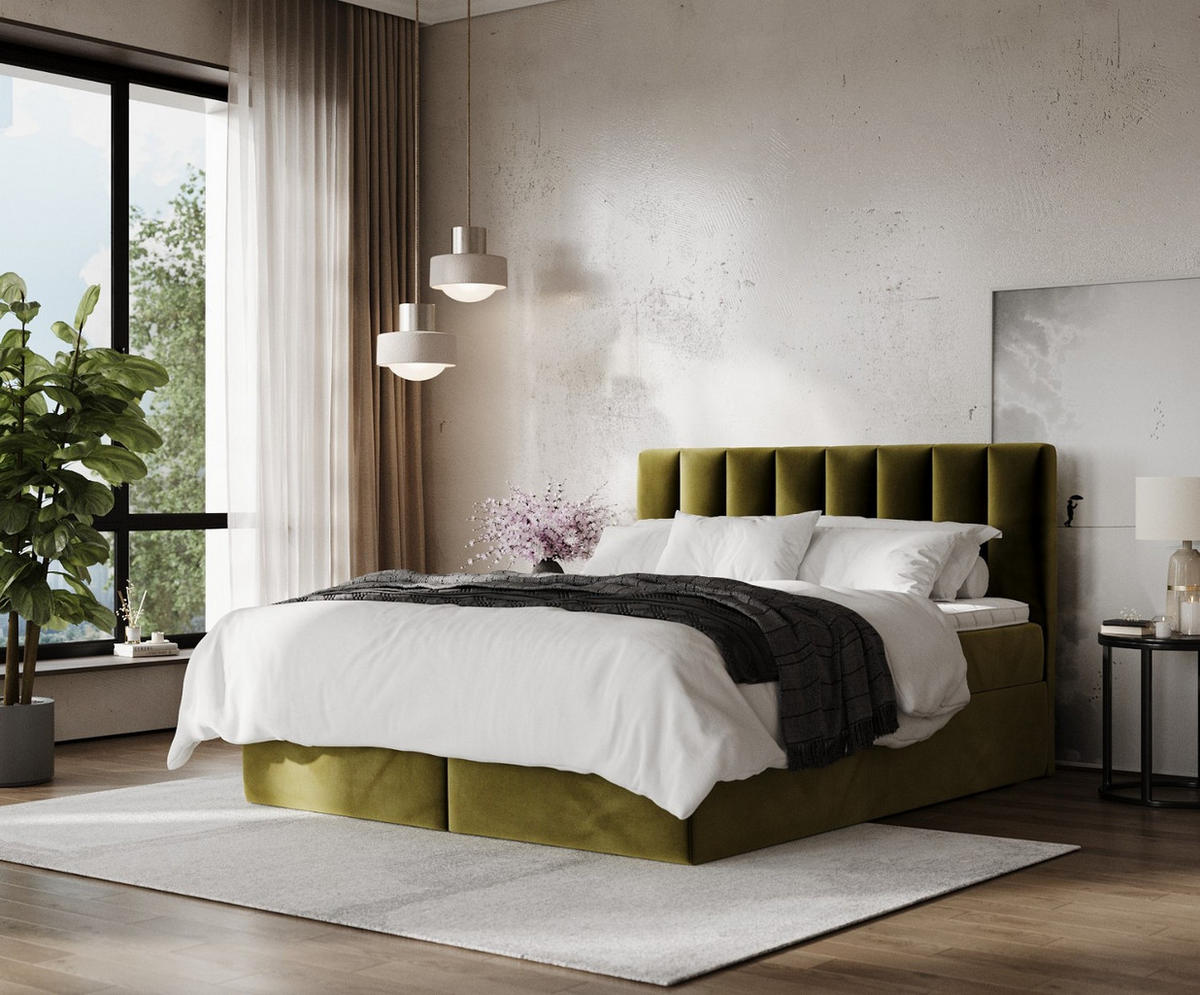 BOXBETT Lusso 180/200 cm Olivgrün im Kronos Stoff - Schwarz/Olivgrün, Holz/Holzwerkstoff (180/200cm) - AltaBeds