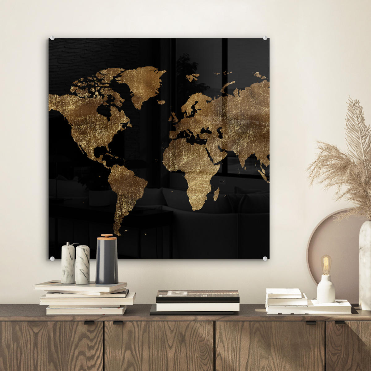 ACRYLGLASBILD Weltkarte - Gold - Luxus - Erde - Schwarz 50x50 cm - Goldfarben, Glas (50/50cm) - MuchoWow