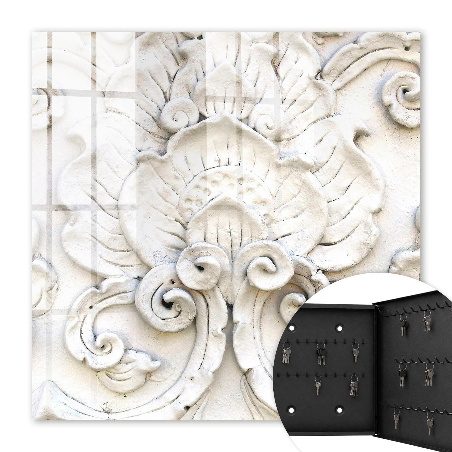 SCHLÜSSELBOX Schwarz 30x30 cm- Türöffnung nach rechts - Blumenschmuck - Weiß, Metall (30/30/5cm) - TULUP