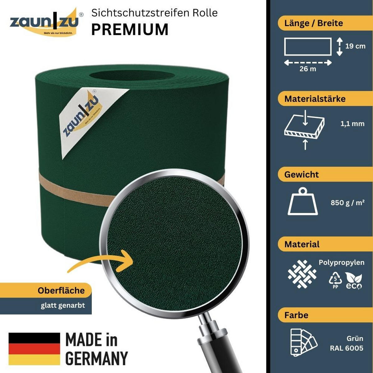 SICHTSCHUTZSTREIFEN Premium für Doppelstabmatten Zaunblende Grün, 26m - Grün, Kunststoff (2600/19cm) - ZAUN|ZU