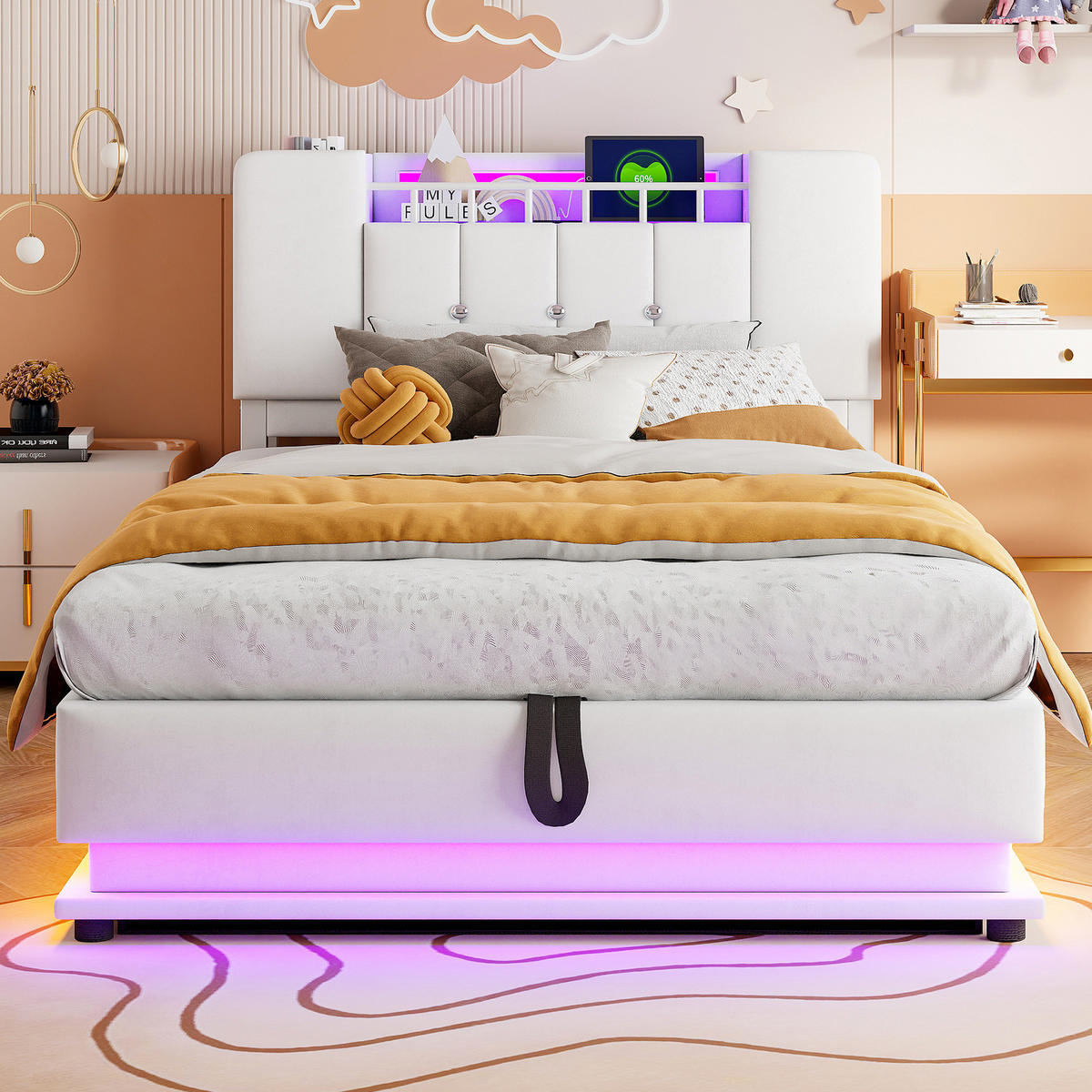 ČALÚNENÁ posteľ 90/200 cm s LED osvetlením, USB portom a hydraulickým úložným priestorom, zamat, Béžová - béžová, textil (90/200cm) - Redom