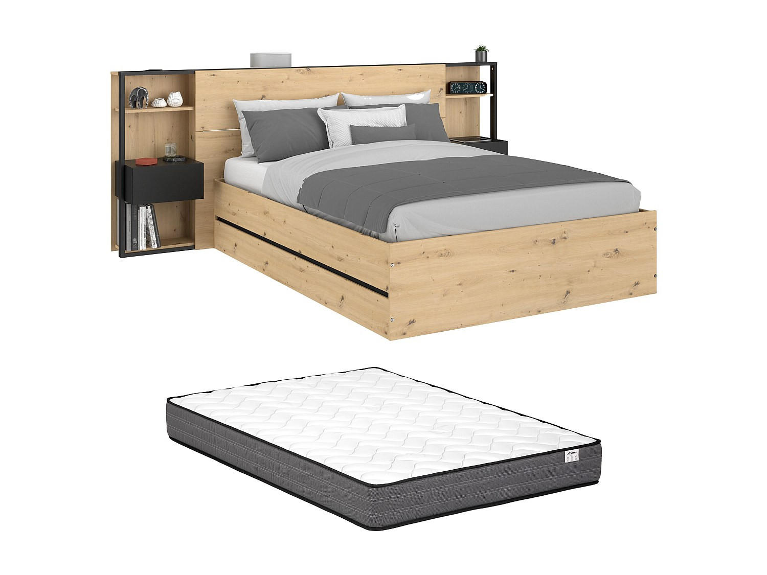 BETT mit Bettkasten - 2 Personen - Holz, Platte - Schwarz, Naturfarben Hell - Schwarz/Naturfarben, Holz (160/200cm) - Vente-Unique