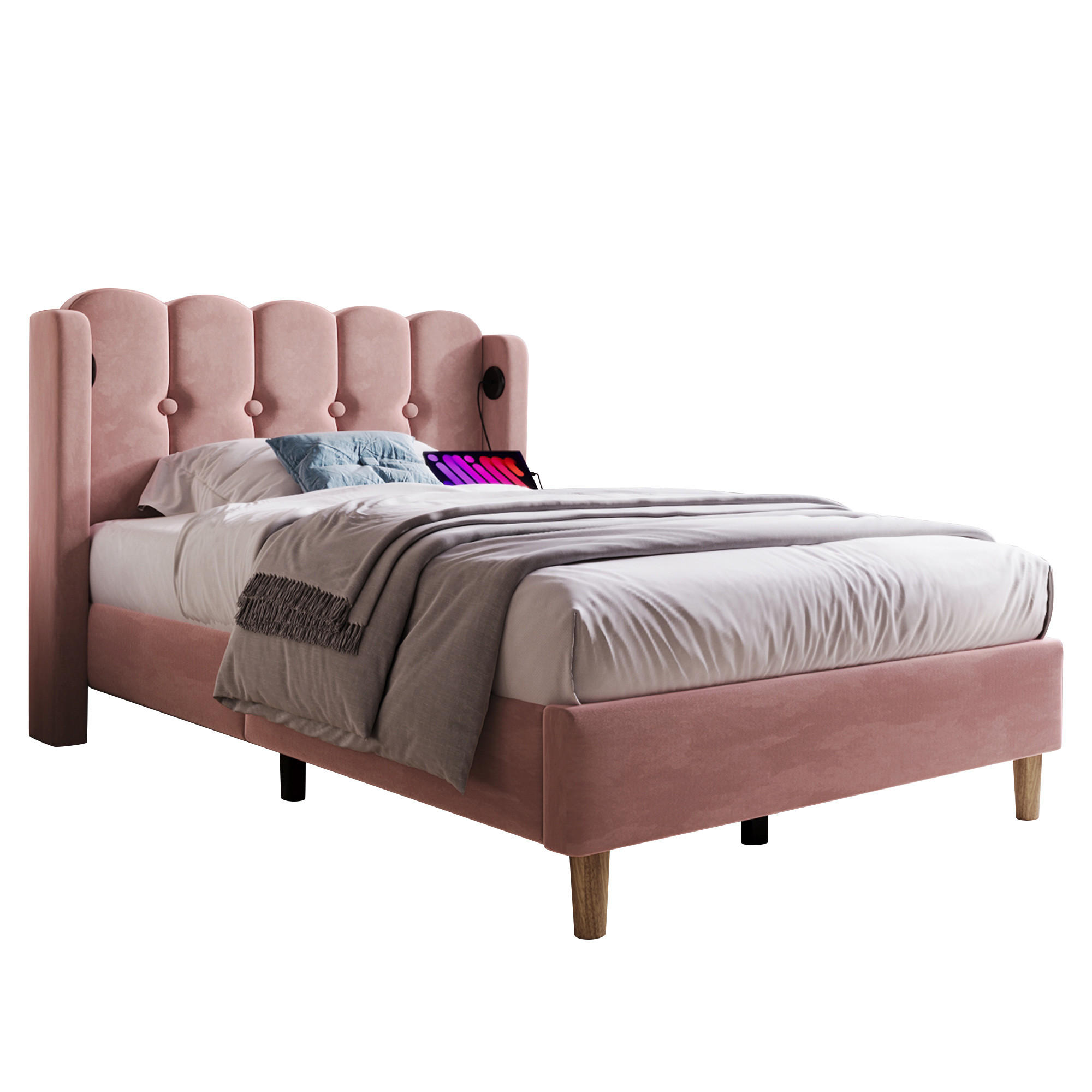 POLSTERBETT 90/200 cm mit USB- & Typ-C-Anschluss, Samtbezug in Rosa, Design-Kopfteil, Rosa - Rosa, Textil (90/200cm) - Redom