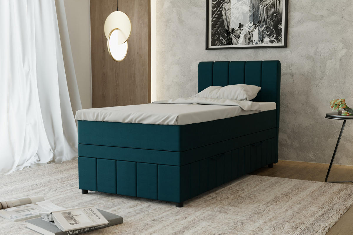 BOXBETT AVALON 90 x 200 cm mit Bettkasten und Topper - Türkis - Türkis, Holz - Panda Möbel