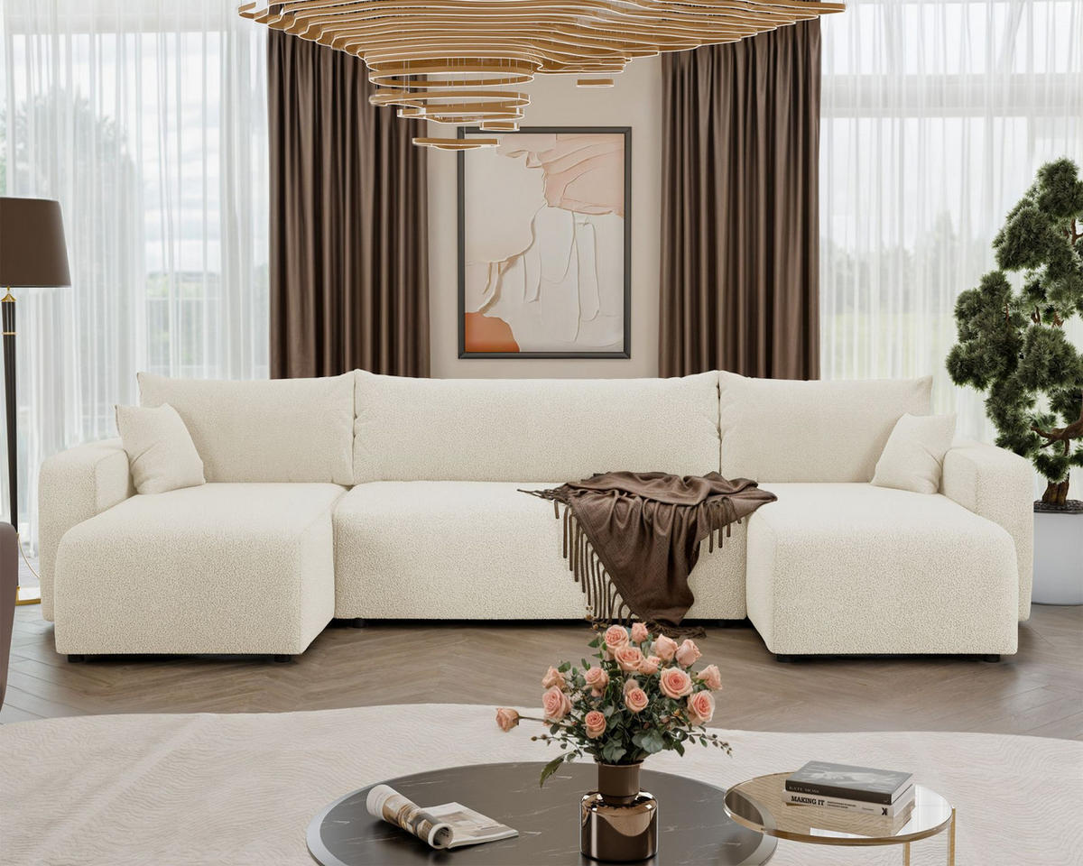 WOHNLANDSCHAFT Pianoni Creme Bouclé-Bezug - Creme/Schwarz, Kunststoff/Textil (312/83/140cm) - Selsey