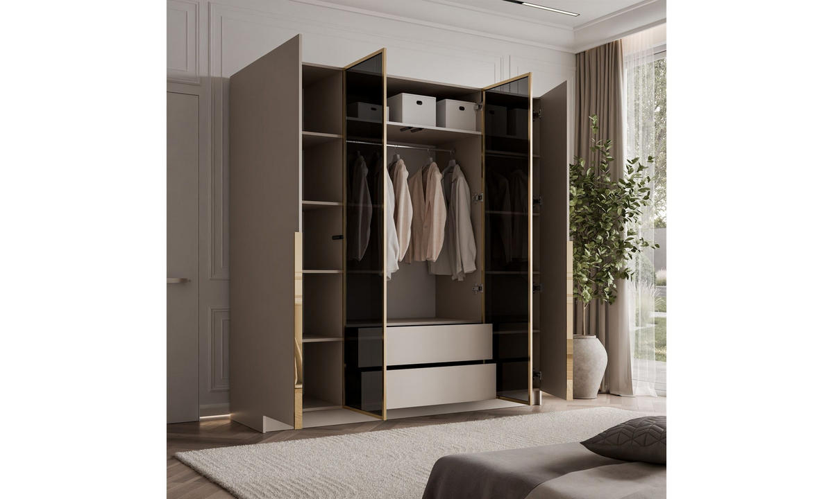 KLEIDERSCHRANK ATRIUM GOLD 200/57/210 cm Goldchrom-Griffe ohne LED-Beleuchtung - Kaschmir/Goldfarben, Holzwerkstoff (200/210/57cm) - Lookway