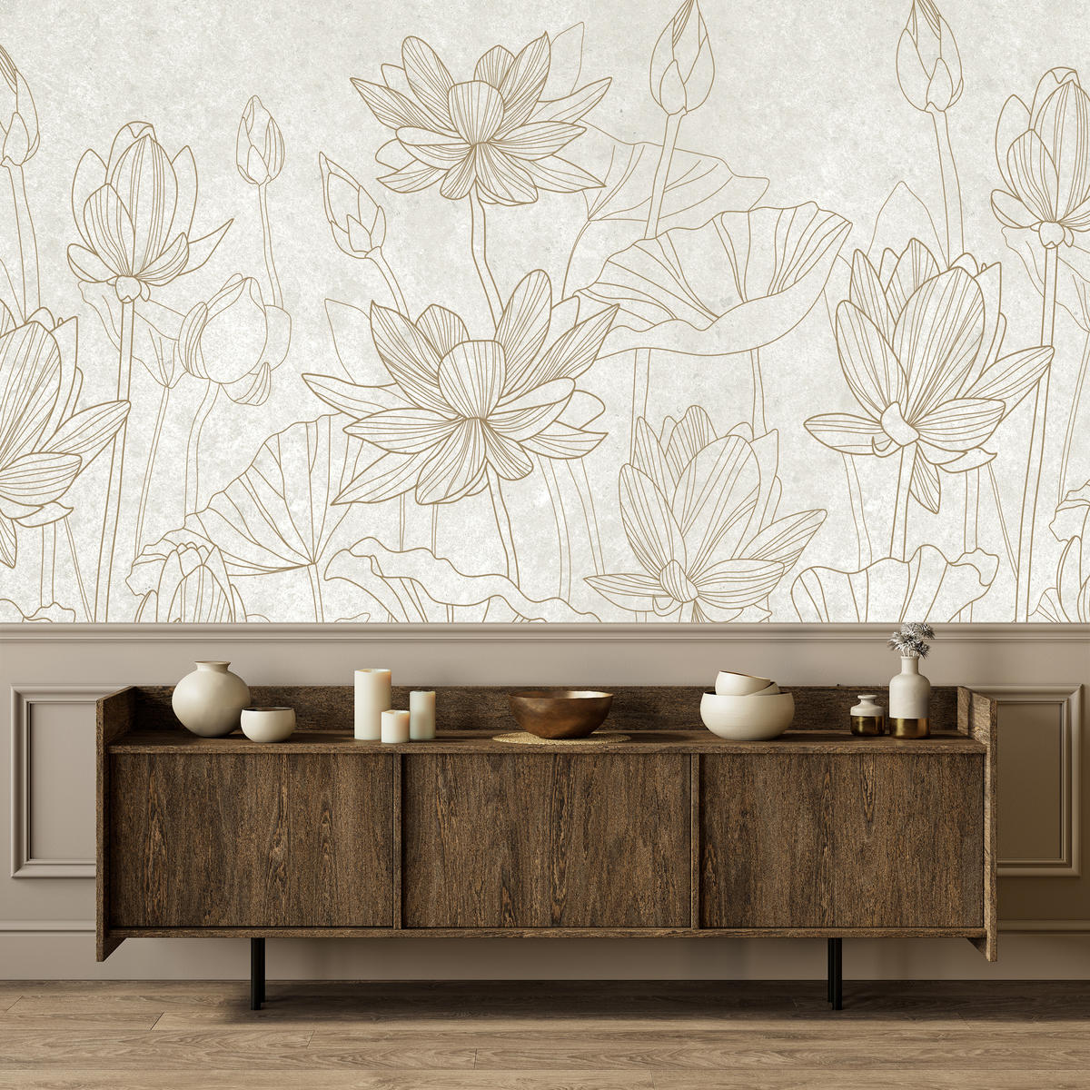 FOTOTAPETE für Wohnzimmer Linienzeichnung Blumen Pflanzen Natur 100x70 - Beige, Papier (100/70cm) - Muralo