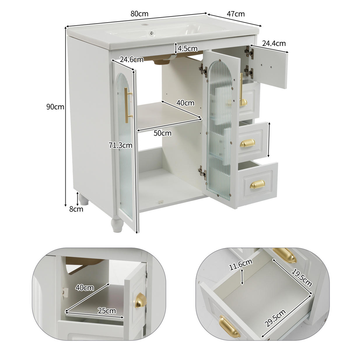 BADEZIMMERSCHRANK mit Becken 80x47x90 cm Weiß aus Porzellan & MDF mit 2 Schränken & 3 Schubladen - Weiß, Holzwerkstoff (80/90/47cm) - Modfu