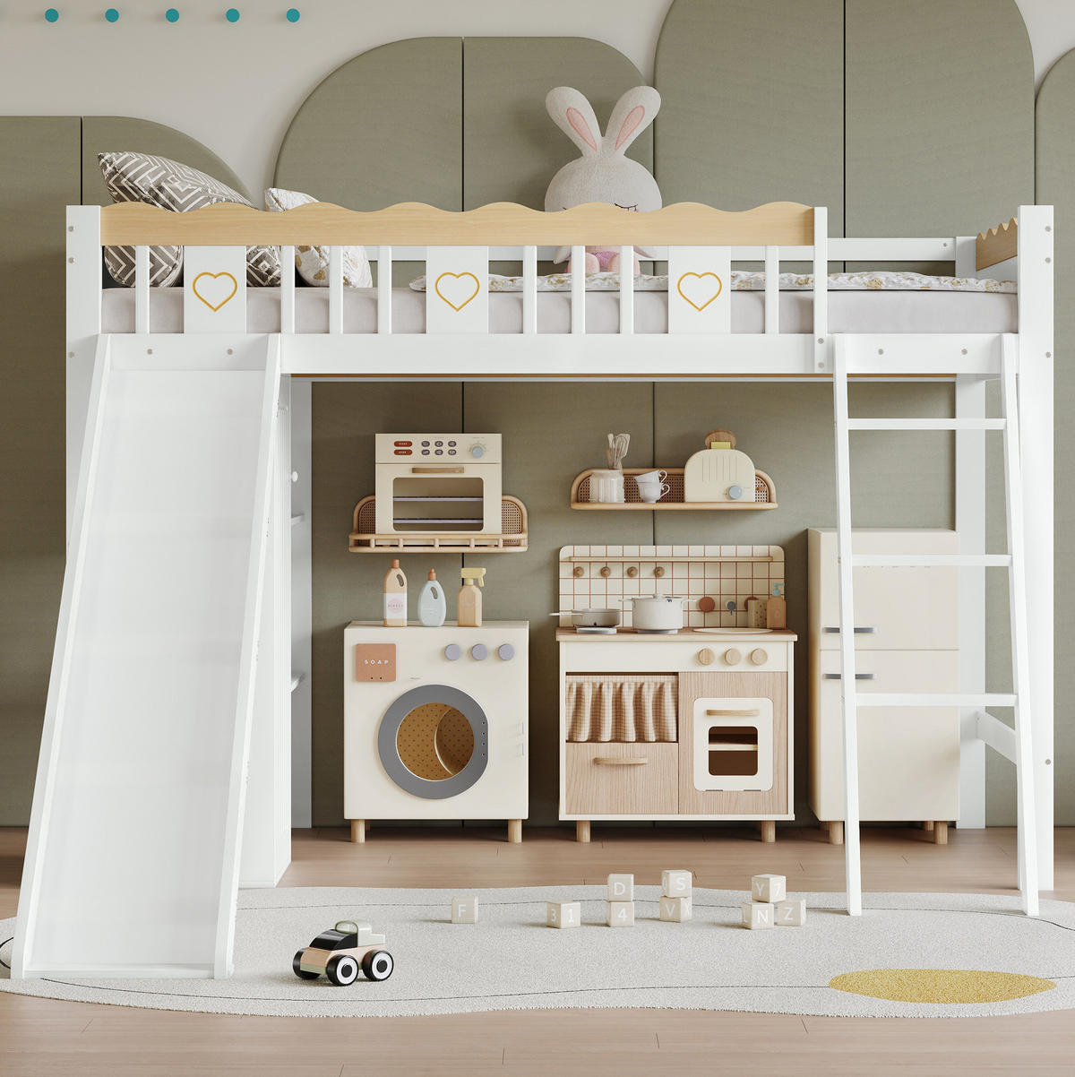 HOCHBETT 90/200 cm Weiß Natur mit Kinderrutsche, Kleiderschrank und Ablageschrank ohne Matratze - Weiß, Holz (90/200cm) - MIVRAY