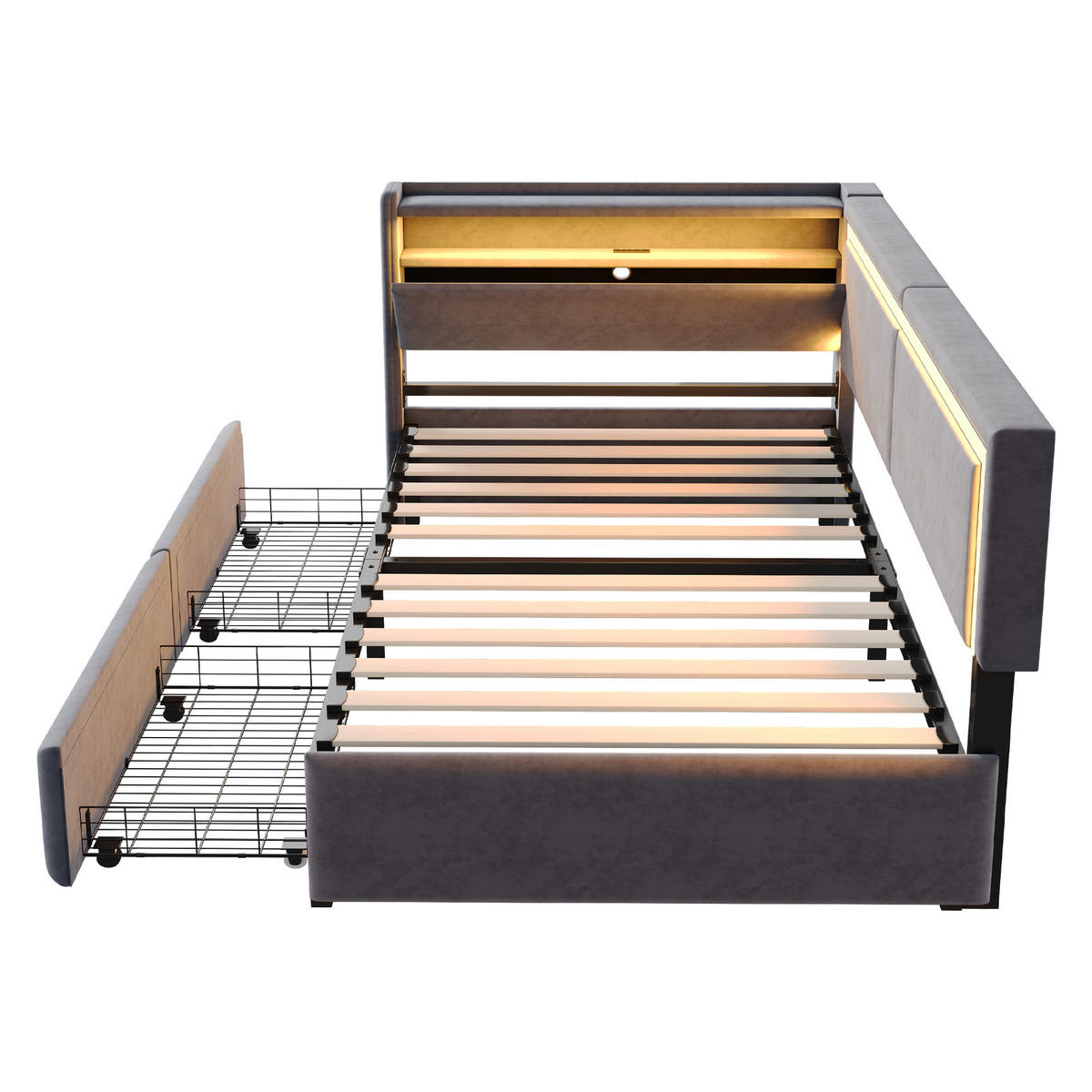 POLSTERBETT 90/200 cm dunkelgrau aus Samt mit LED und USB Kopfteil mit Stauraum - Dunkelgrau, Textil (90/200cm) - OKWISH