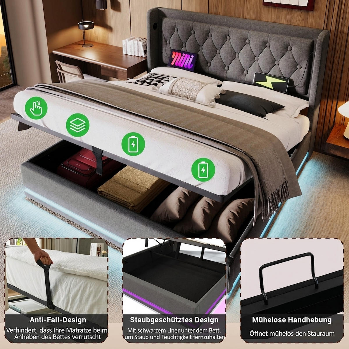 POLSTERBETT 140/200 cm Grau mit USB Typ-C Ladefunktion und 3-seitige LED-Funktion - Grau, Textil (140/200cm) - Oxeza