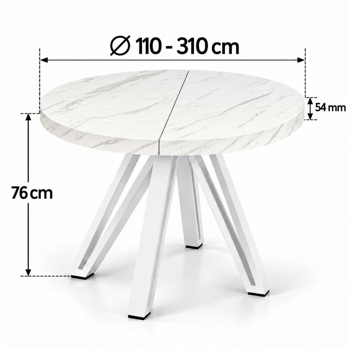 ESSTISCH rund ausziehbar 110/310/76 cm, Marmor, 54 cm Tischplatte + Industrial Metallgestell Weiß - Hellgrau/Weiß, Holzwerkstoff/Metall (110/310/76cm) - Damale Möbel