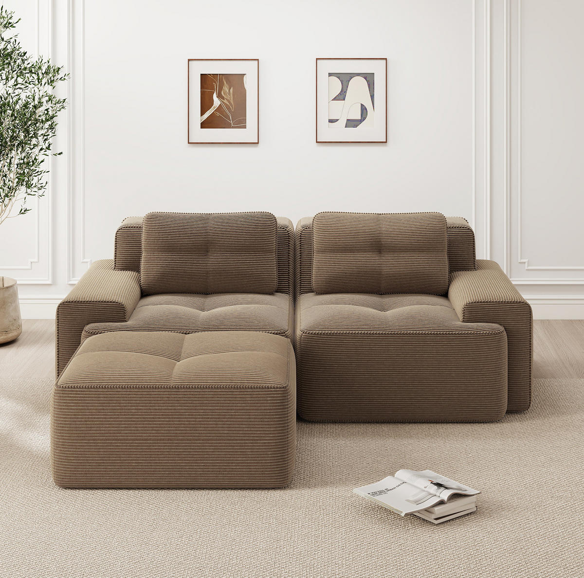 SOFA modular boneless mit 74 cm Tiefsitz Corduroy Brown - Braun, Kunststoff (177/204.1cm) - Meubliv