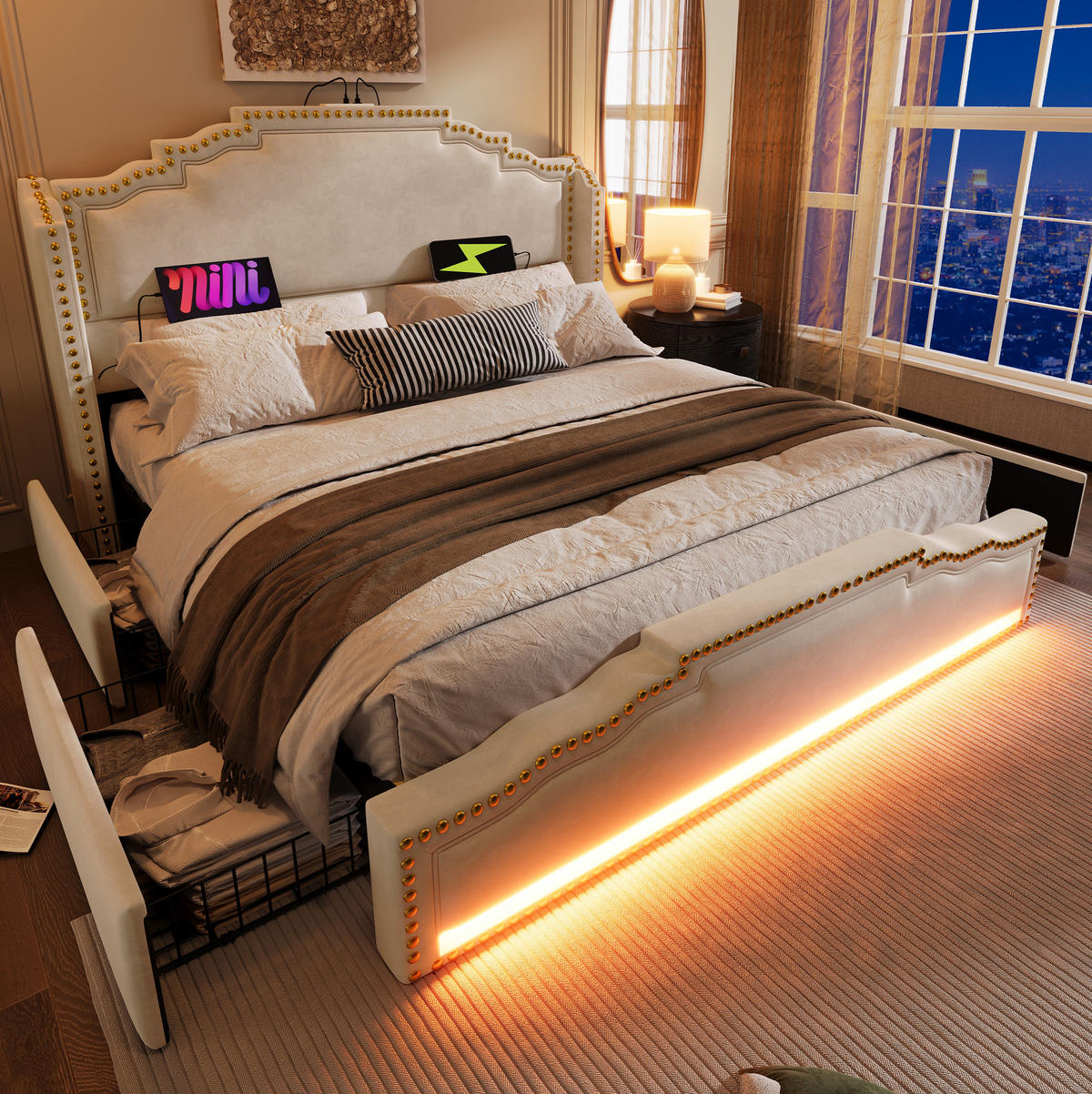 POLSTERBETT 160/200 cm in Beige mit LED-Beleuchtung, 4 Schubladen und USB-C - Beige, Leder (160/200cm) - Flora Grace
