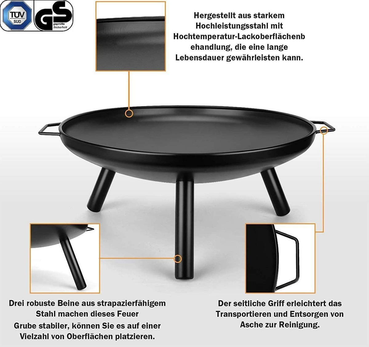 FEUERSCHALE Schwarz Metall Ø60cm mit Griffen, Feuerkorb, Gartenschale, Feuerstelle, Outdoorfeuer, Terrassenfeuer, Gartenheizung, Lagerfeuerstelle - Schwarz, Metall (62/30/62cm) - Resch