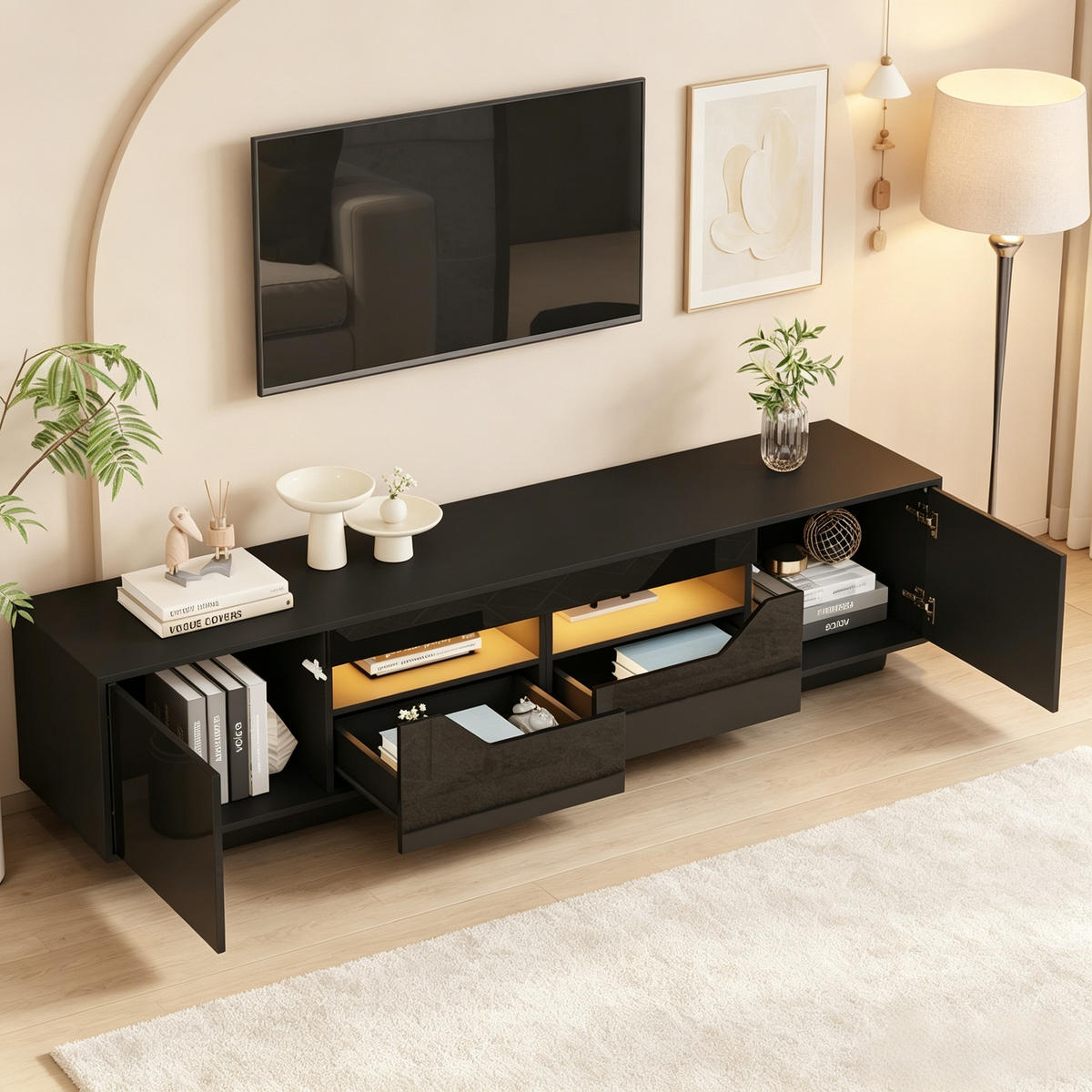 TV-SCHRANK 180/40/45 cm Schwarz mit 2 Schubladen und 2 Türen - Schwarz, Holzwerkstoff (180/45/40cm) - Oxeza