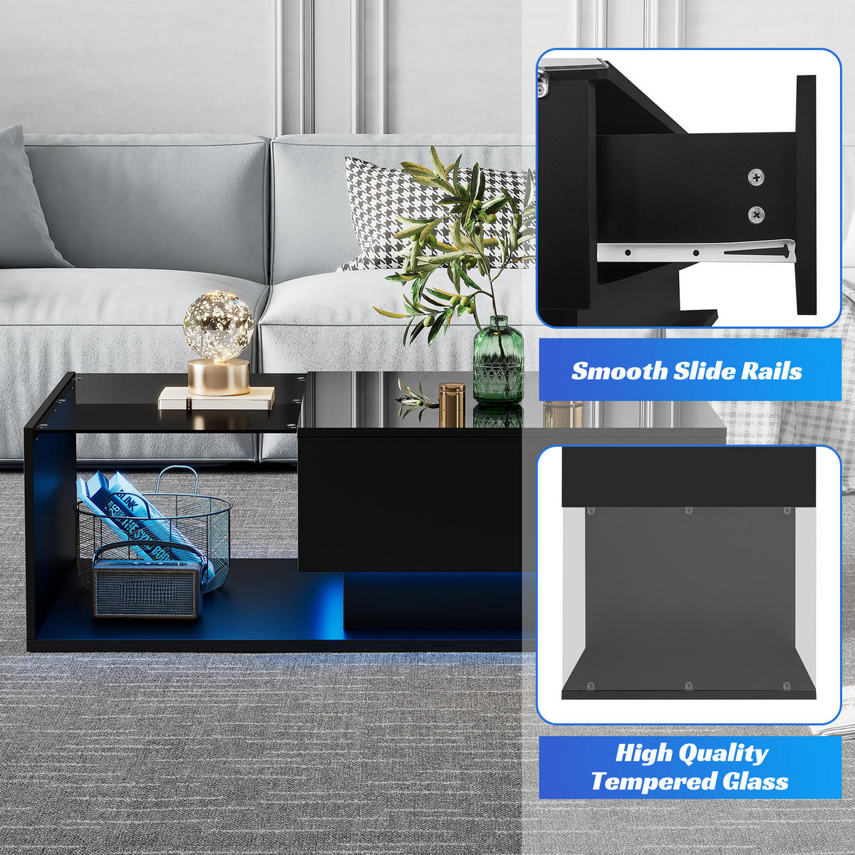 COUCHTISCH schwarz mit Hochglanzoberfläche und Glas-Elementen, App-gesteuerter Bluetooth-LED 100 × 50 × 32 cm - Schwarz, Holzwerkstoff (50/100/32cm) - Luhomfu
