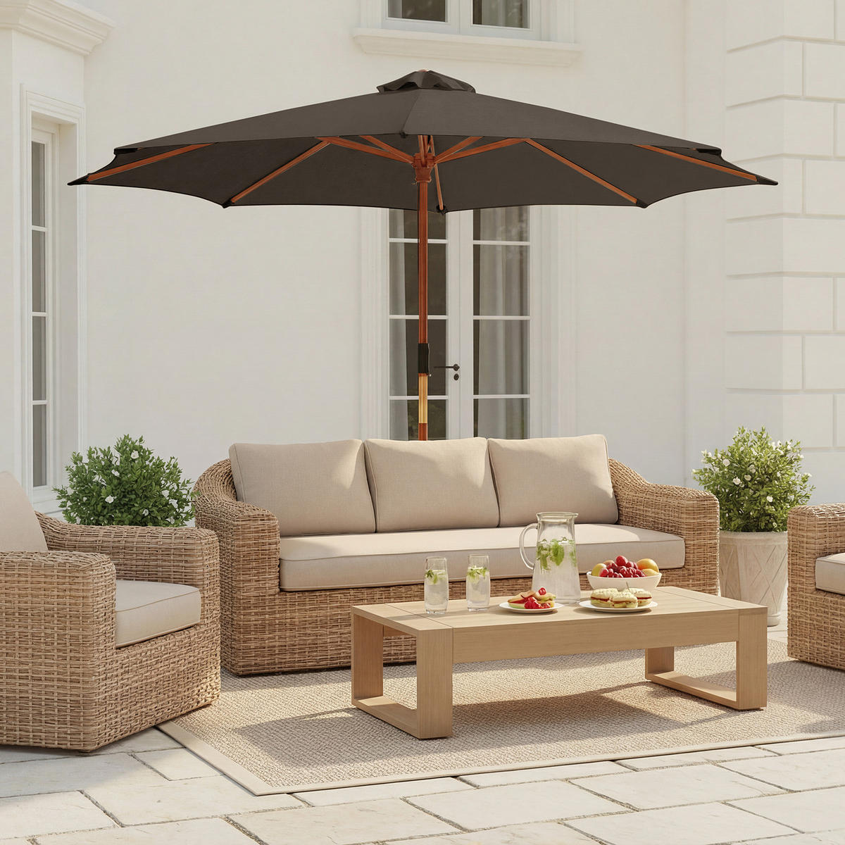 SONNENSCHIRM - Eukalyptus massiv / Polyester - Taupe, Holz/Textil (250/250cm) - home24