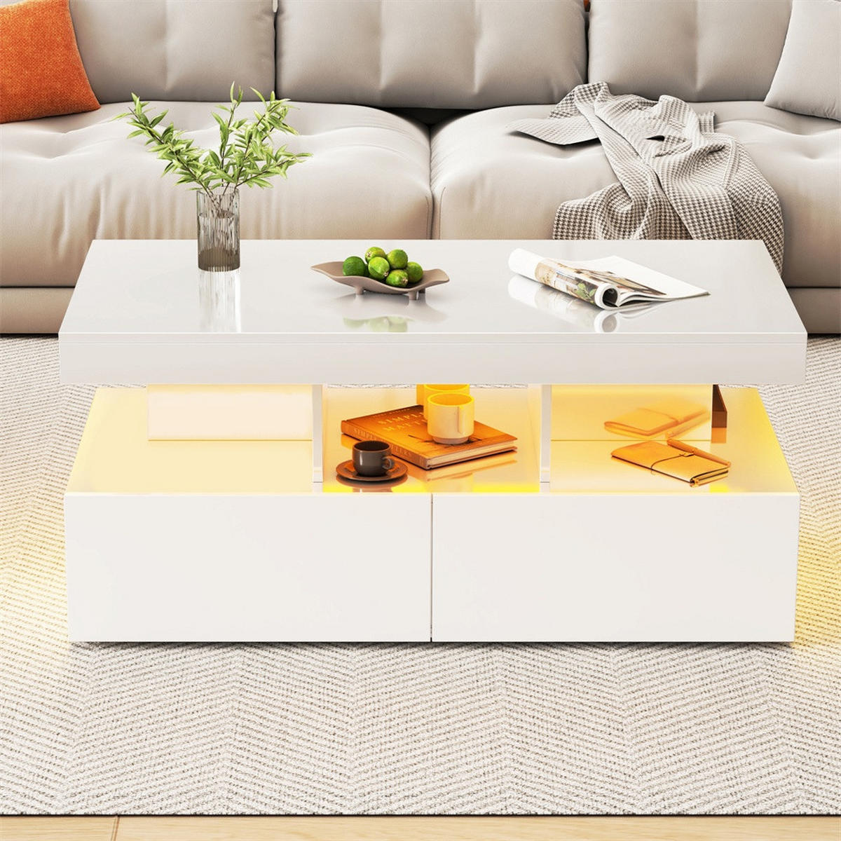 COUCHTISCH in Hochglanz-Weiß mit LED-Beleuchtung und 2 Schubladen - Weiß, Holzwerkstoff (104/53/46cm) - DELFA