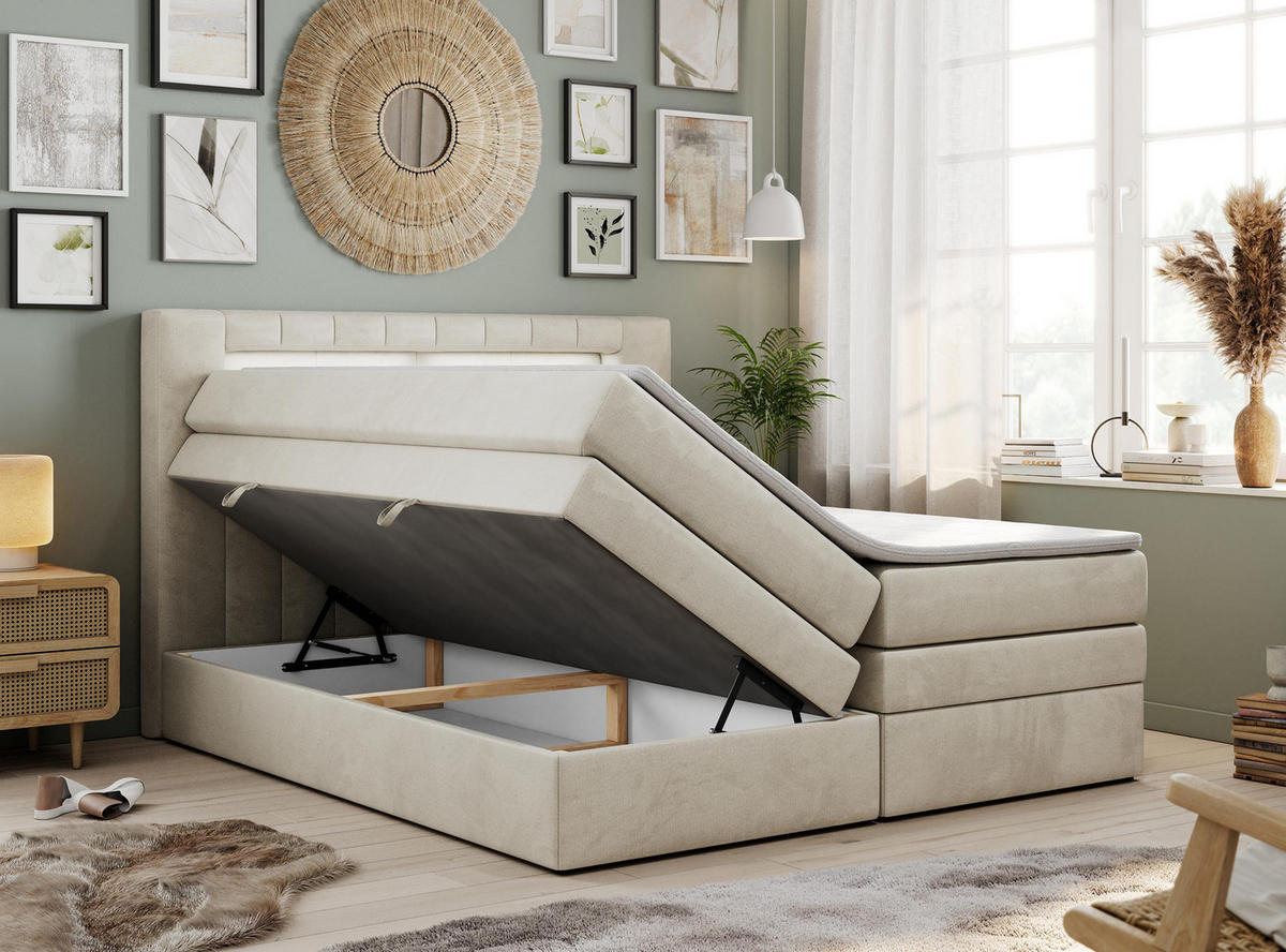 BOXSPRINGBETT GOLD-5 KING LED 200/200 Beige Velvet - H3 - Beige, Holz/Textil (200/200cm) - MKS