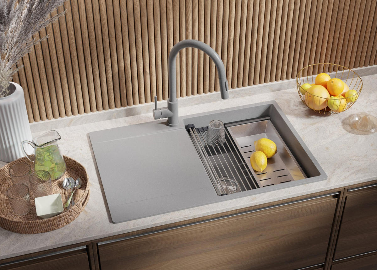 SPÜLBECKEN San Francisco, 2-er set Grau 78/50 cm 1 Becken + Ablauf-Set + Aufrollbare Abtropffläche ab 50er Unterschrank - Chromfarben/Grau, Kunststoff (78/20/50cm) - Primagran