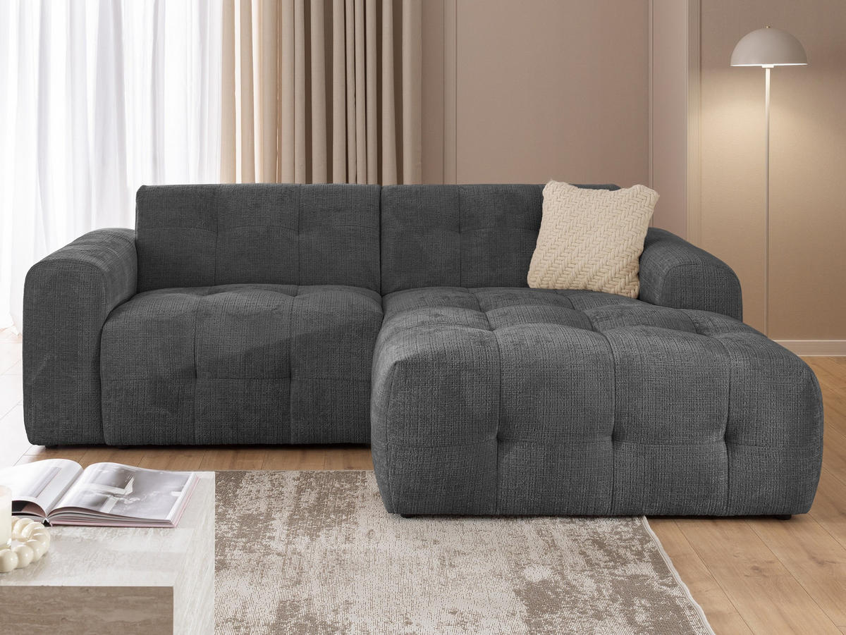 ECKSOFA Kozy im Bumpy-Design mit fester Rückenlehne aus weichem Grau Chenille-Stoff - Ottomane rechts - Schwarz/Grau, Holz/Kunststoff (234/161cm) - S-Style Möbel