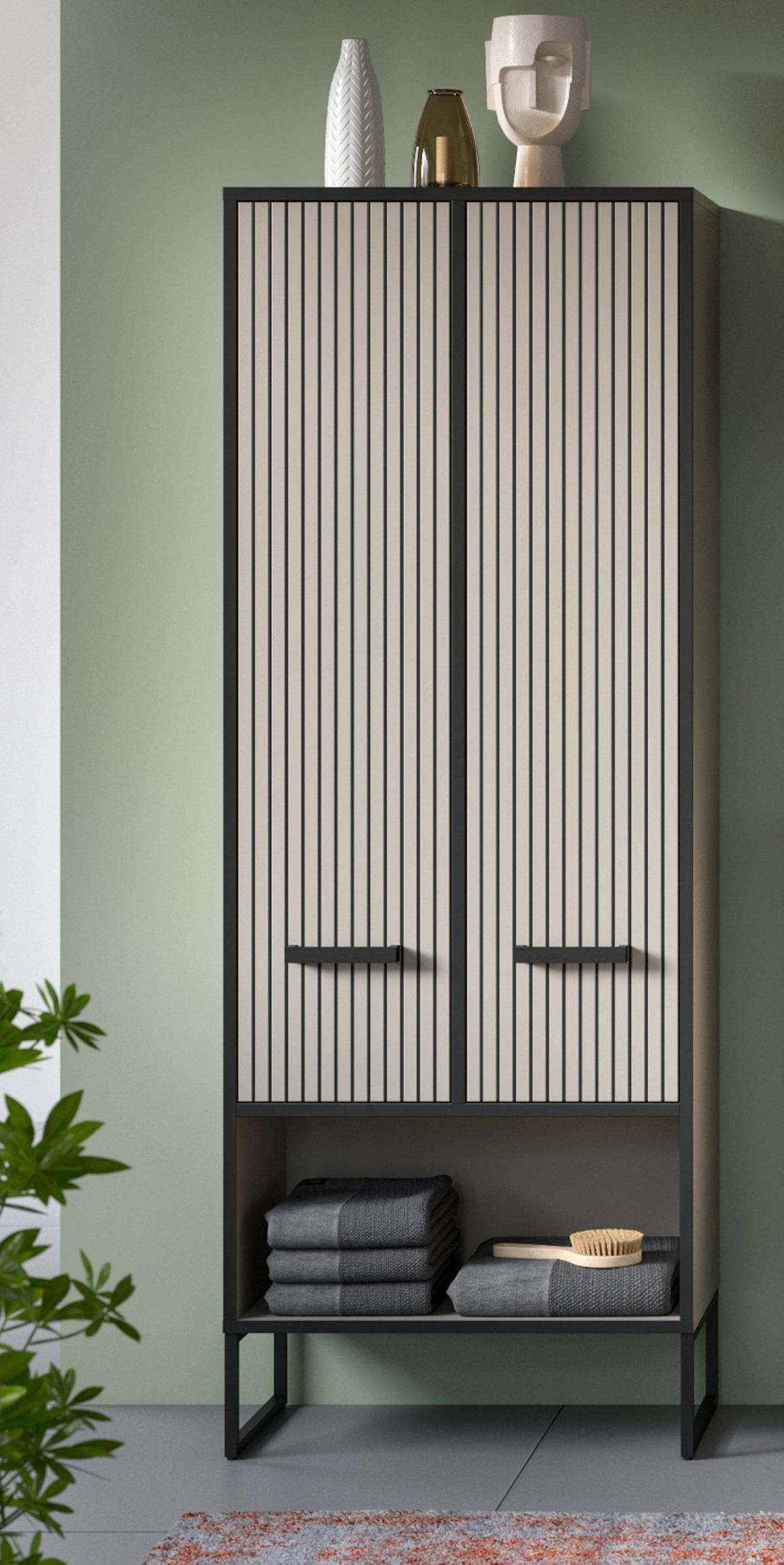 HOCHSCHRANK schwarz, sand 59 cm, Badschrank mit Soft-Close - Sandfarben/Schwarz, Holzwerkstoff/Metall (59/159/32cm) - Inn.Furn