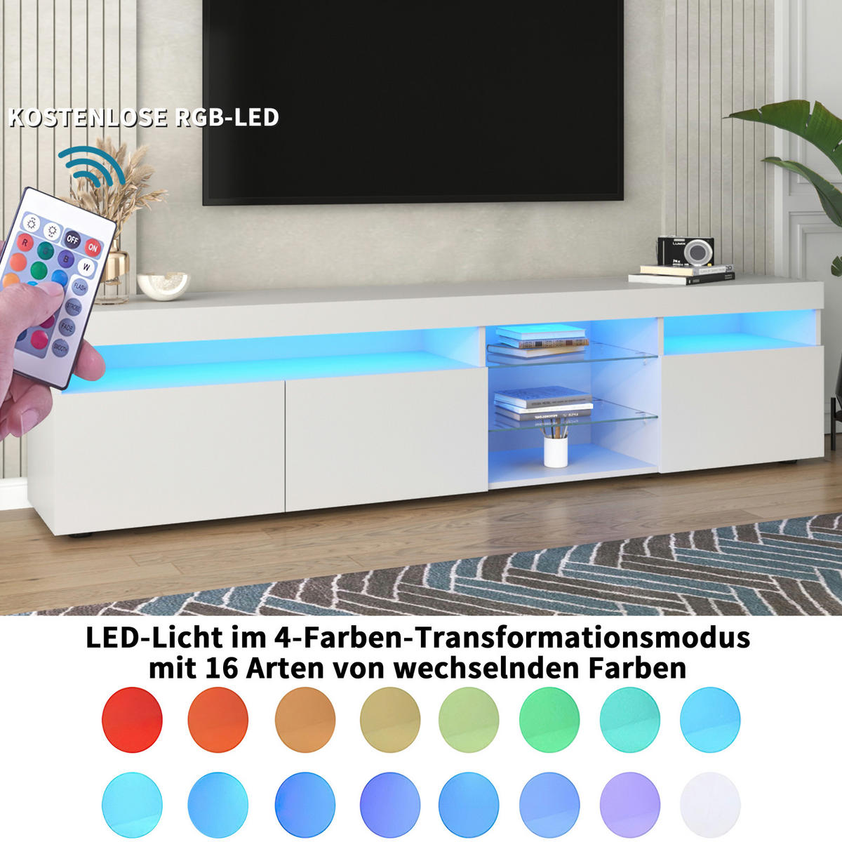 TV Lowboard LED, 3 Türen, 2 Glasregale, Weiß - Weiß, Holz (180/45/35cm)
