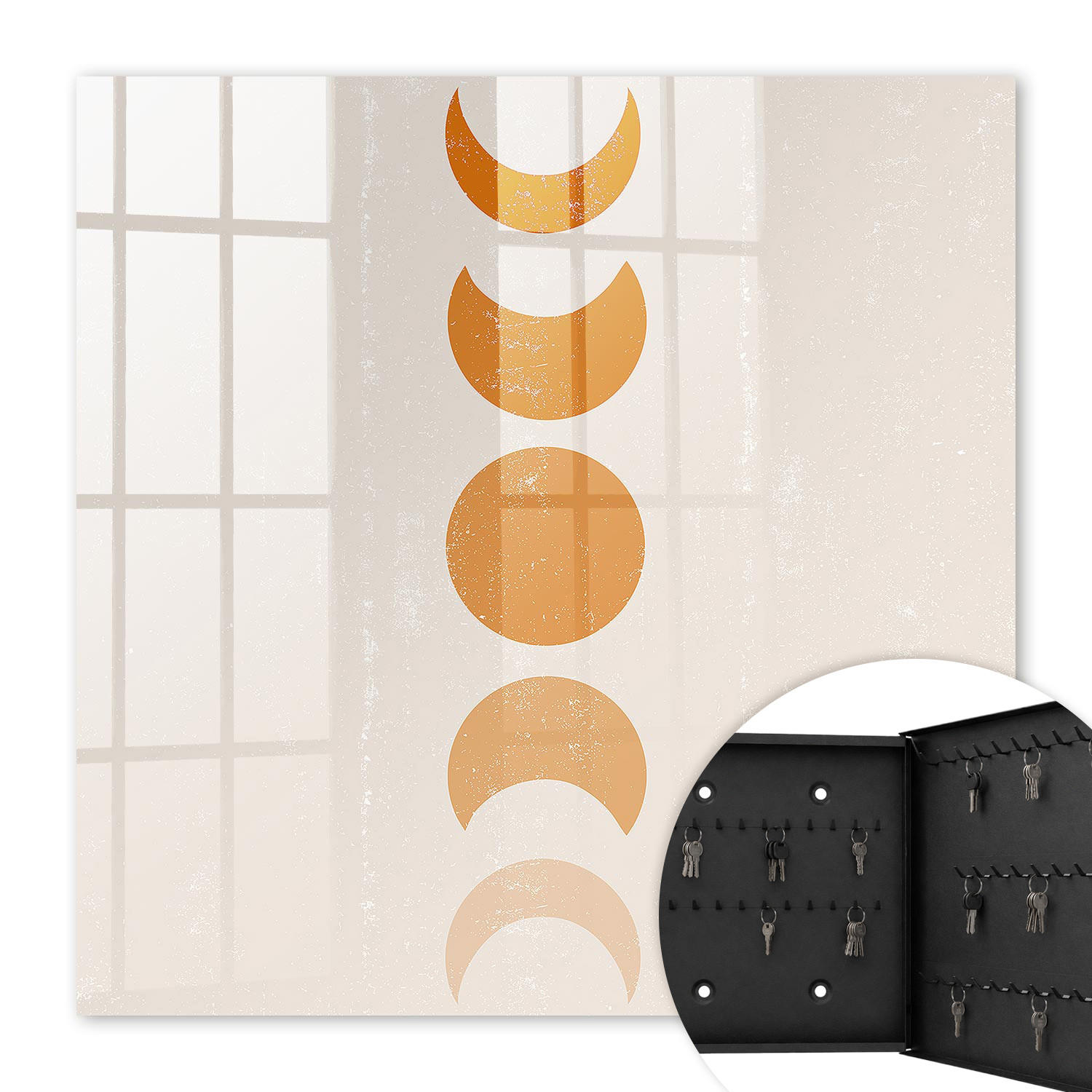 SCHLÜSSELBOX Schwarz 30x30 cm- Türöffnung nach rechts - Mondphasen - Orange, Metall (30/30/5cm) - TULUP