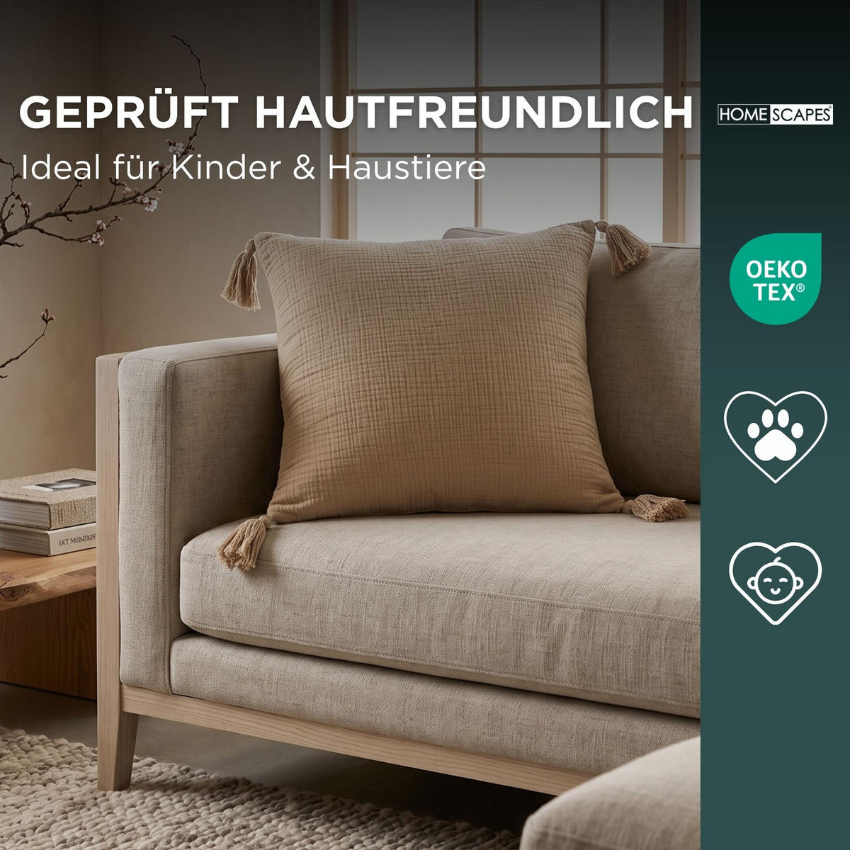 DEKOKISSEN Musselin mokka mit Quasten, 45/45 cm - Mokka, Textil (45/45cm) - Homescapes