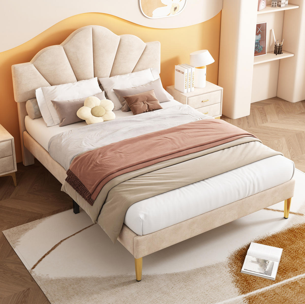 POLSTERBETT 140/200 cm aus Samt mit verstellbarem Kopfteil und goldfarbenen Metallbeinen, Beige - Beige, Textil (140/200cm) - Redom