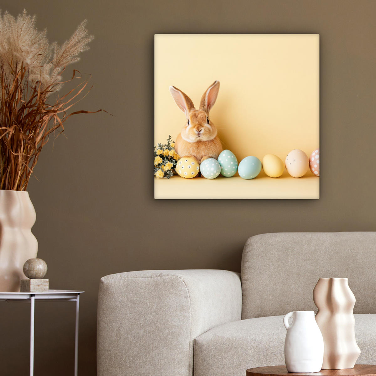 LEINWANDBILD Eier - Kaninchen - Pastellfarbtöne Wandbild Wohnzimmer 50x50 cm - Hellgelb, Textil (50/50cm) - MuchoWow
