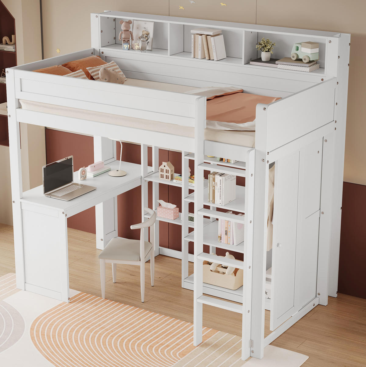 ETAGENBETT mit Tisch und Kleiderschrank, Weiß, 90/200 cm - Weiß, Holz (90/200cm) - MIVRAY