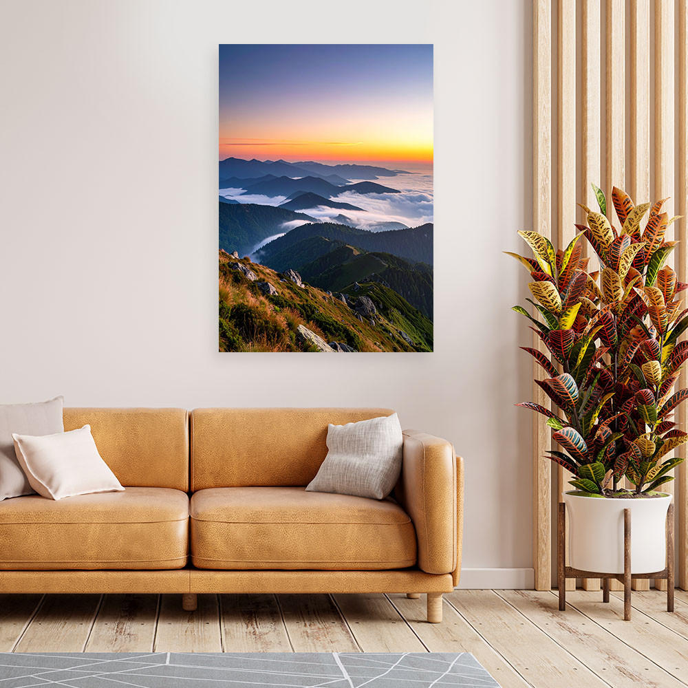 LEINWANDBILD Berglandschaft Sonnenuntergang 60x90cm - Blau, Textil (60/90cm) - Feeby