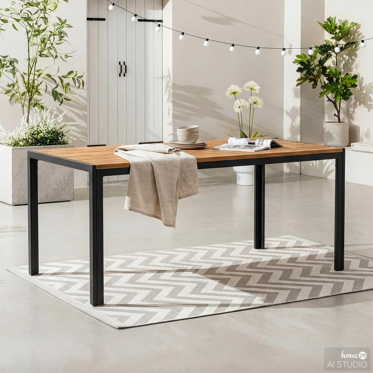 GARTENTISCH - Akazie massiv / Aluminium - Schwarz/Braun, Holz (90/150/73cm) - home24